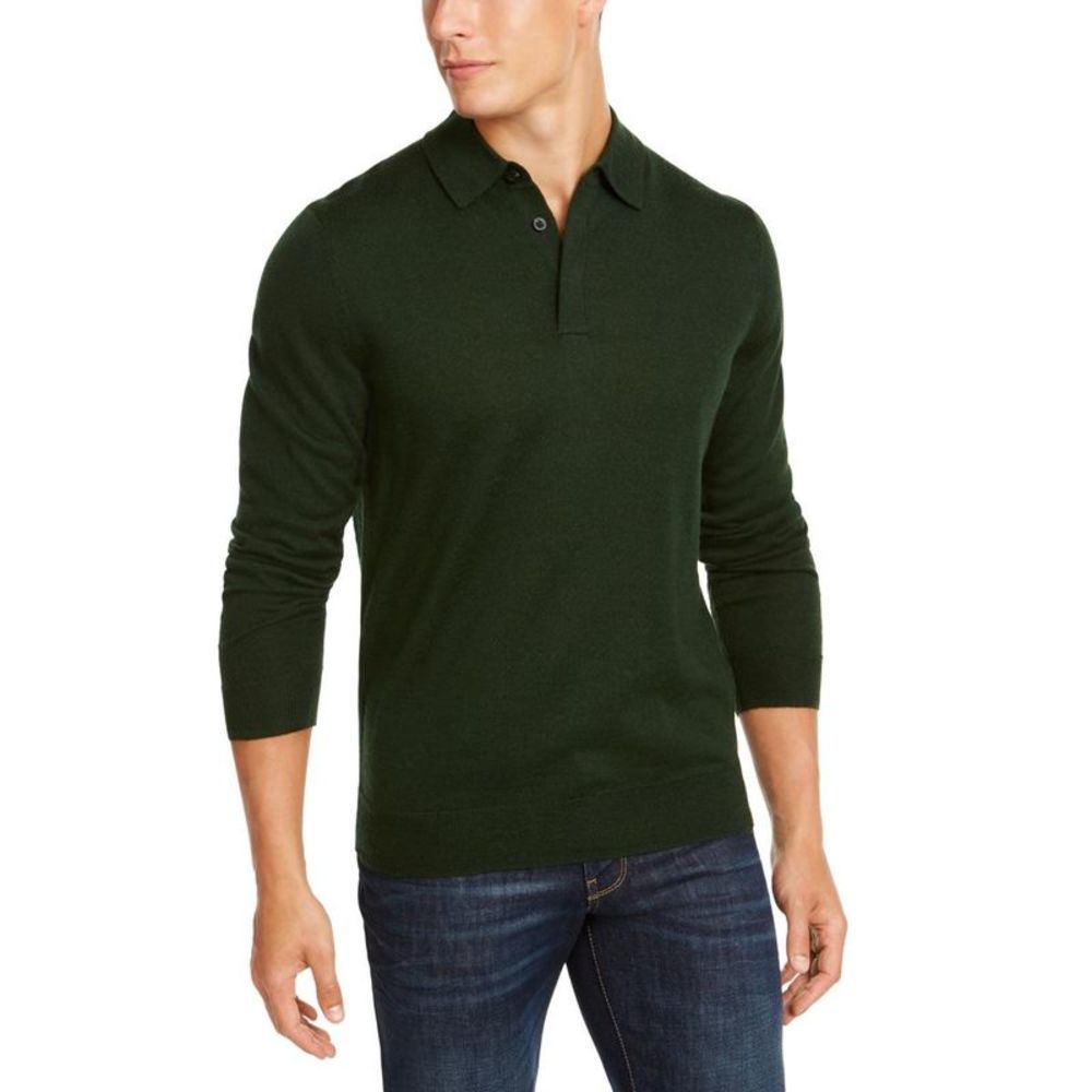 Club Room Mens Green Merino Wool Blend Polo Regular Fit Pullover Sweater NWT